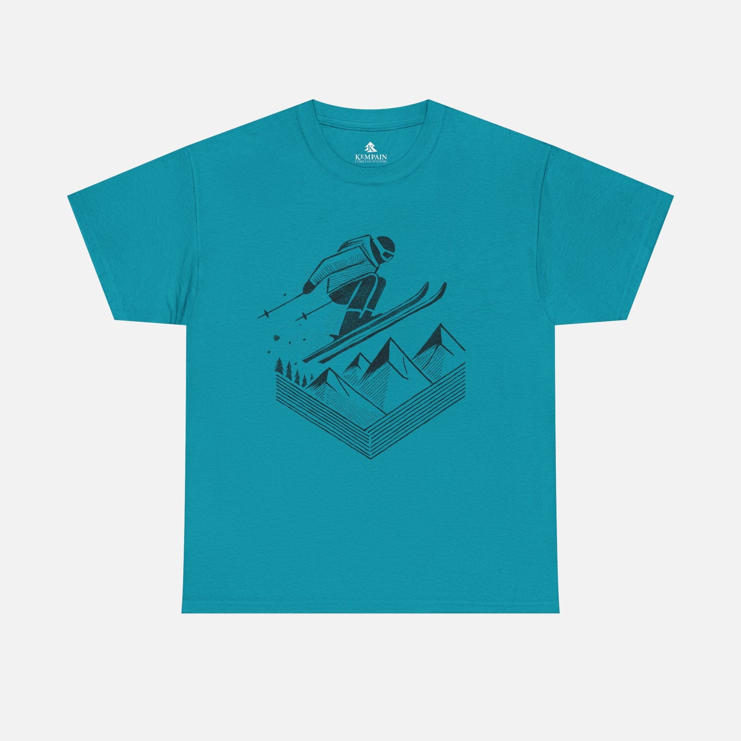 Ski Jump Adventure Tee in blue on a white background, showcasing an action-packed skiing design for those who love the slopes.