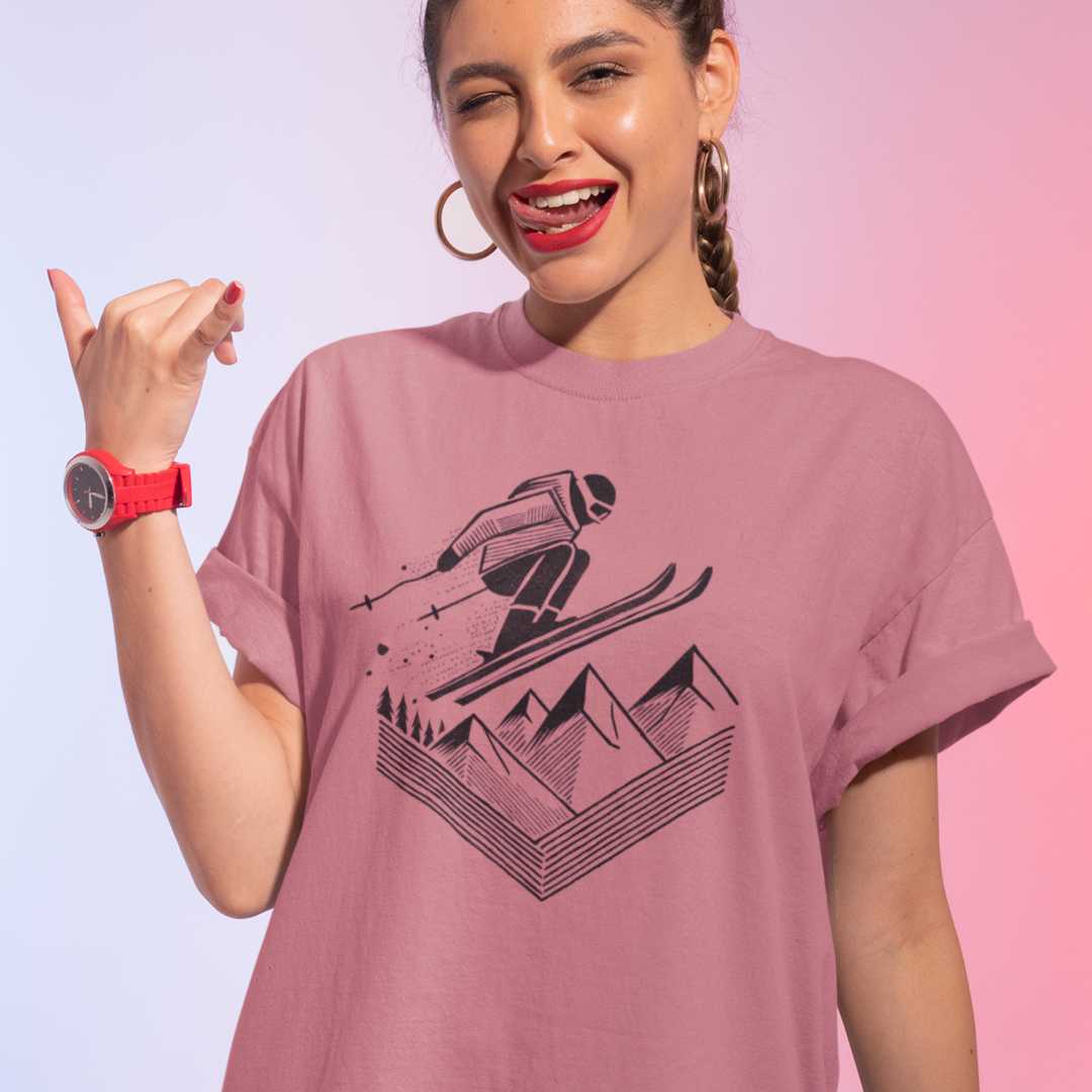 Model wearing Ski Jump Adventure Tee, featuring a dynamic hand-drawn skier mid-air, perfect for ski enthusiasts and winter sports lovers.