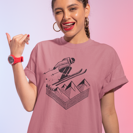 Model wearing Ski Jump Adventure Tee, featuring a dynamic hand-drawn skier mid-air, perfect for ski enthusiasts and winter sports lovers.