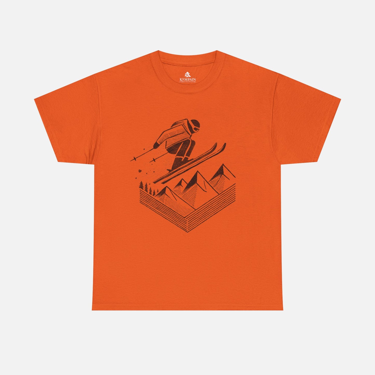 Ski Jump Adventure Tee in orange on a white background, showcasing an action-packed skiing design for those who love the slopes.