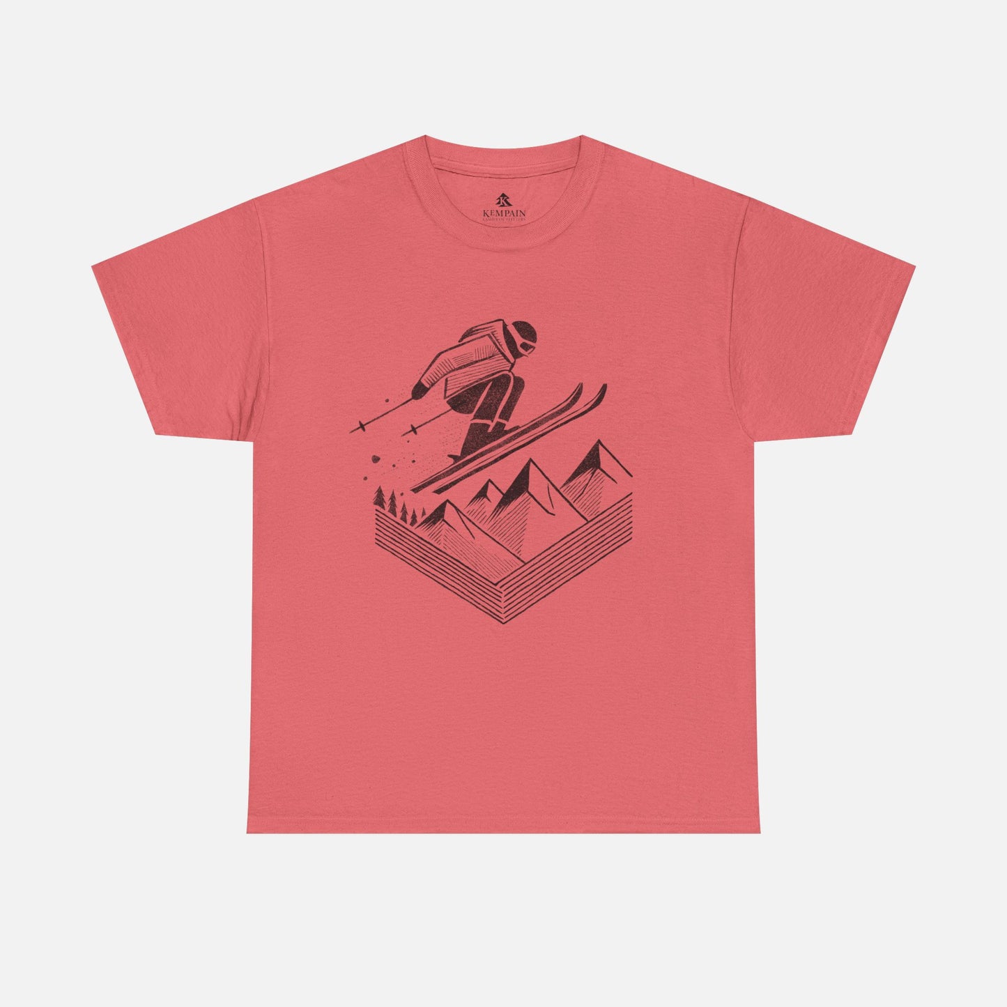 Ski Jump Adventure Tee in pink coral on a white background, showcasing an action-packed skiing design for those who love the slopes.