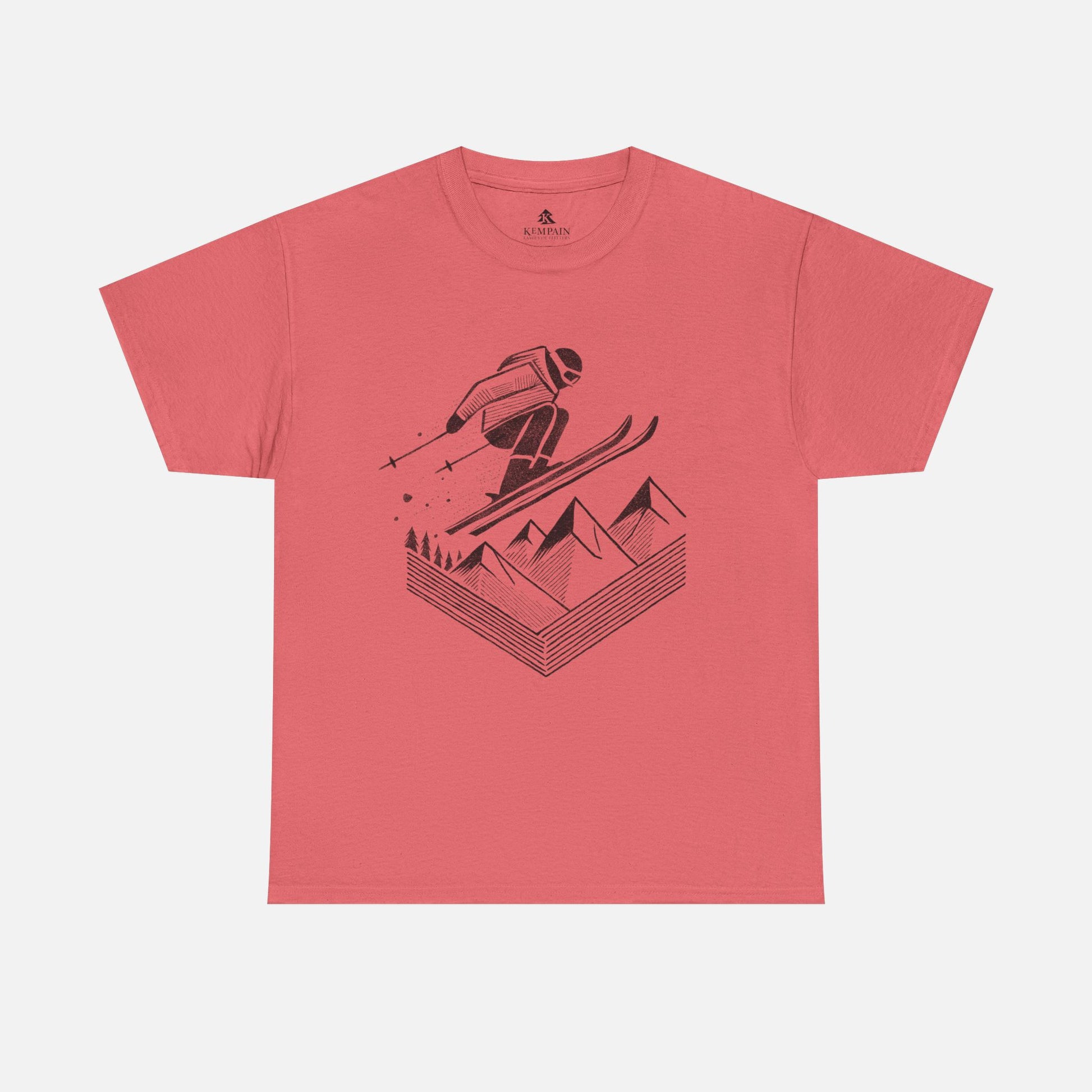 Ski Jump Adventure Tee in pink coral on a white background, showcasing an action-packed skiing design for those who love the slopes.