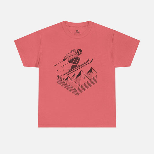 Ski Jump Adventure Tee in pink coral on a white background, showcasing an action-packed skiing design for those who love the slopes.