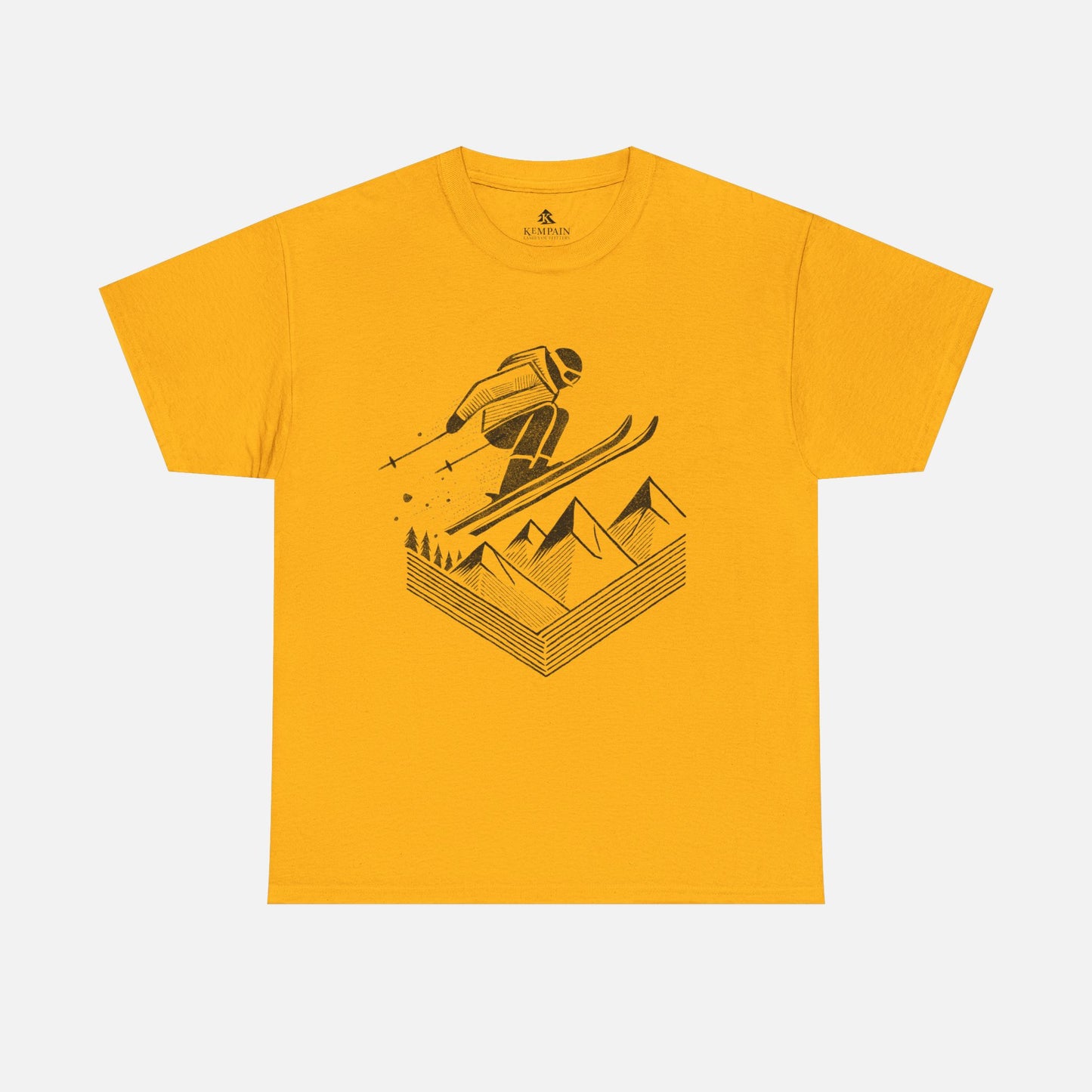 Ski Jump Adventure Tee in yellow on a white background, showcasing an action-packed skiing design for those who love the slopes.