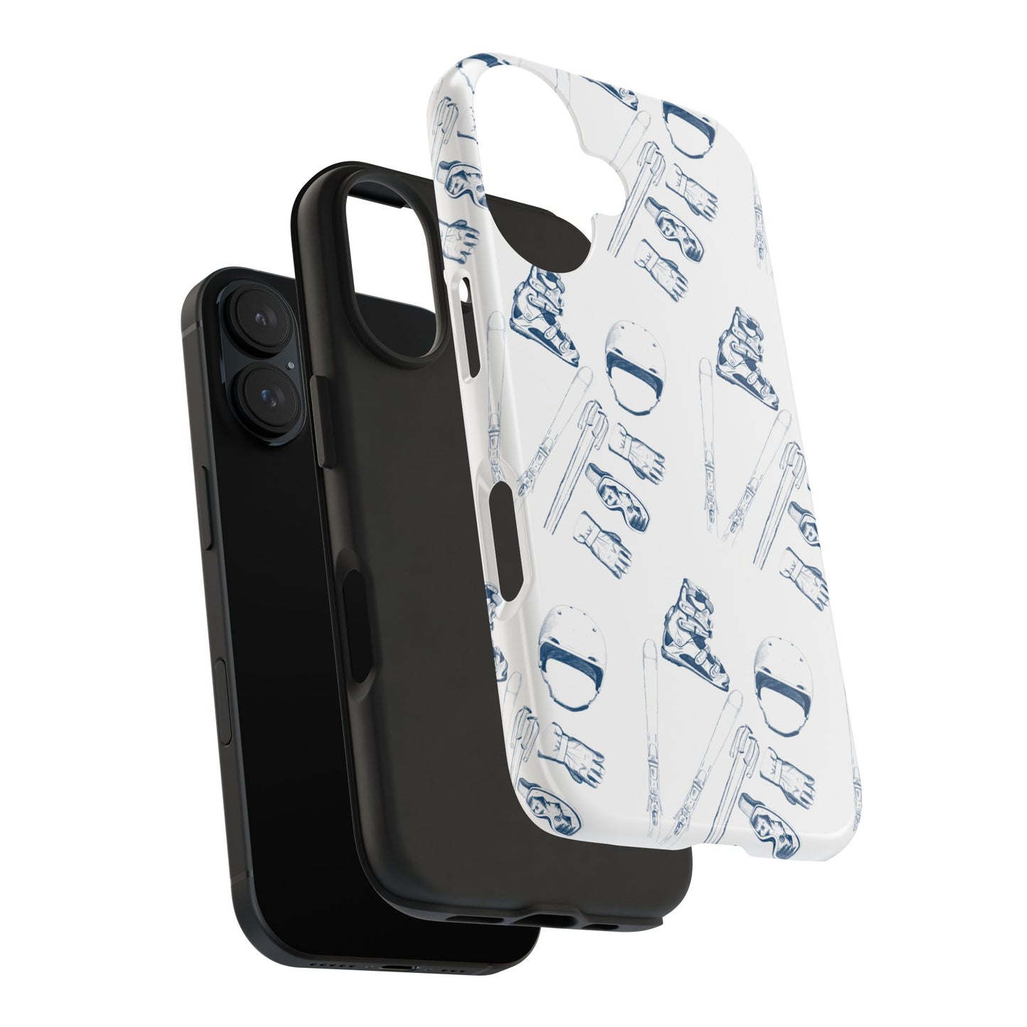Phone case featuring a creative ski lovers pattern, with ski boots forming an 'L', a helmet as 'O', skis and gloves making the 'V', and goggles and ski poles shaping the 'E', abstractly spelling 'LOVE'. Perfect for passionate skiers.