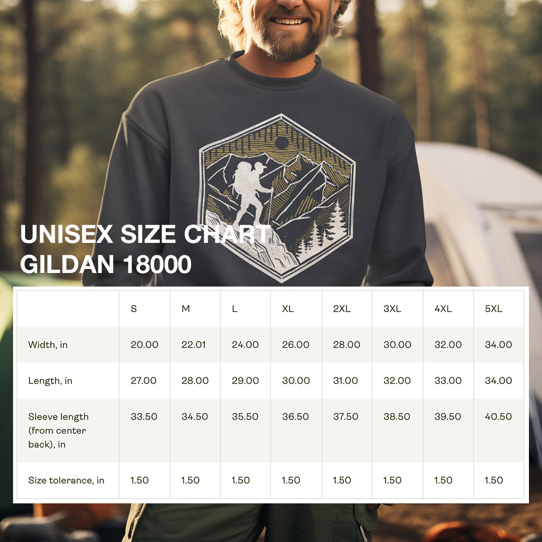 Size chart for the Skyline Trek Sweatshirt, providing accurate measurements for a comfortable fit.