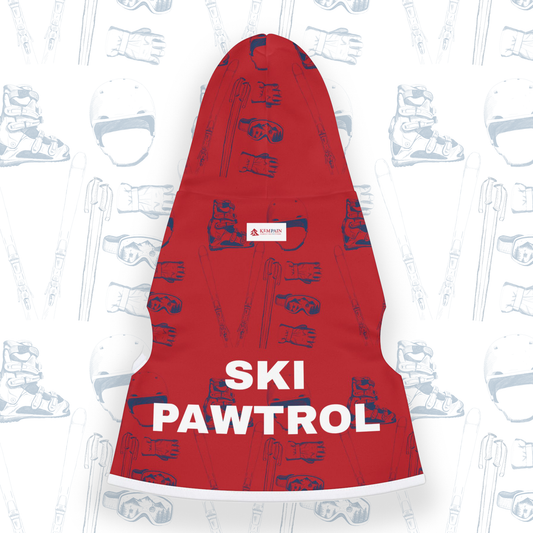 Ski Pawtrol Pet Hoodie, featuring a fun "LOVE" design made from ski gear. Perfect winter apparel for dogs to stay warm and stylish back view on white background.