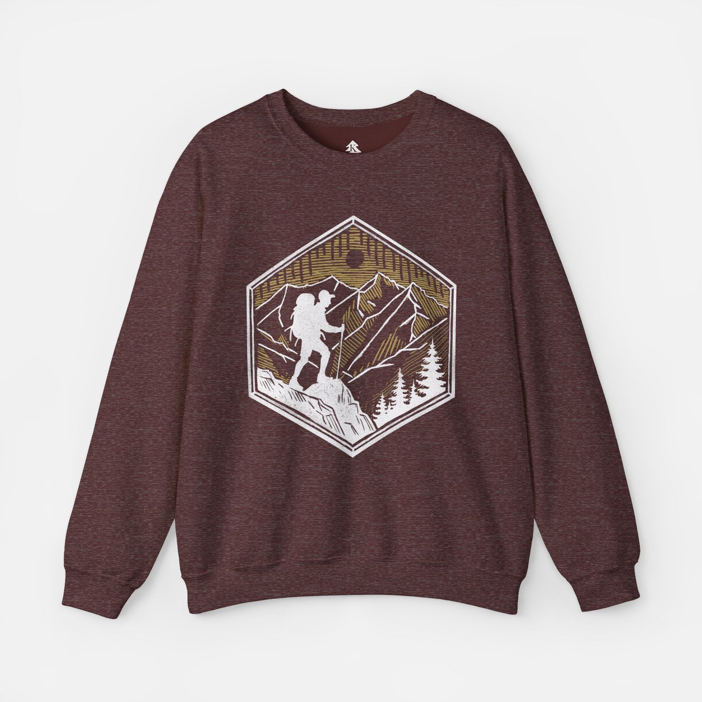 Solid heather maroon Skyline Trek Sweatshirt displayed flat on a white background, showcasing its cozy fabric and outdoor-inspired hiking design.