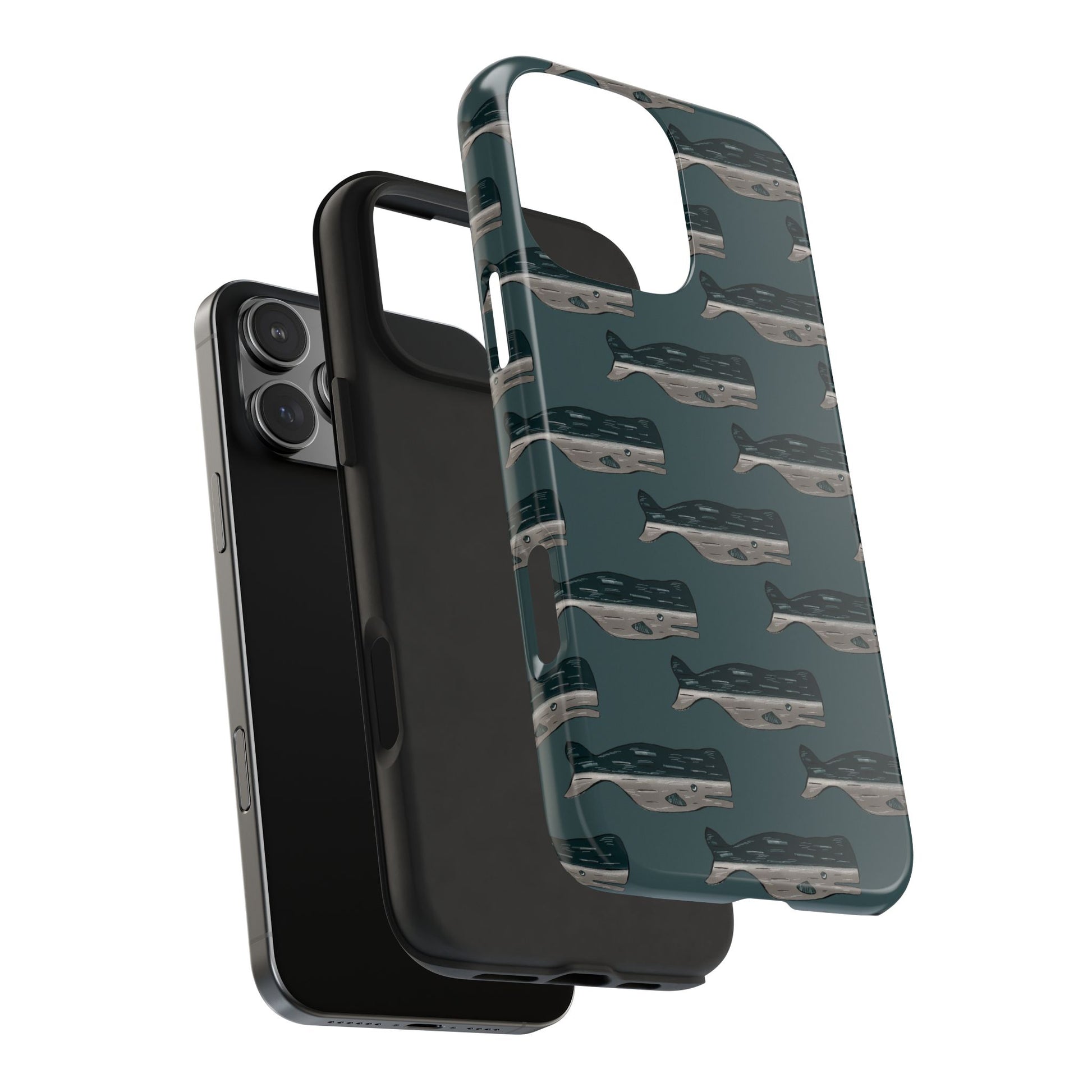 Exploded view of Whale Pattern Phone Case showing the durable hard shell and shock-absorbing rubber liner for full protection.