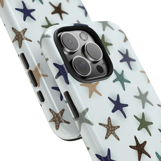 Close-up angled view of Starfish Pattern Phone Case, showcasing the glossy finish and fine illustrated details of the starfish design.
