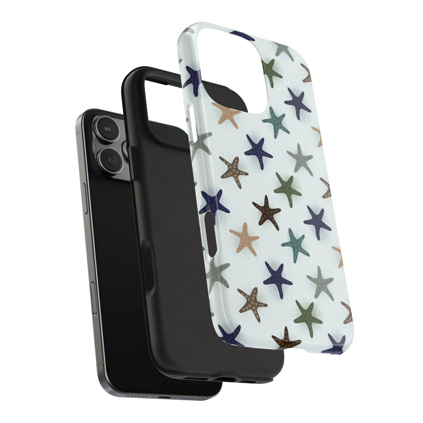 Exploded view of Starfish Pattern Phone Case showing the impact-resistant plastic shell and shock-absorbing rubber liner for durable, everyday protection.