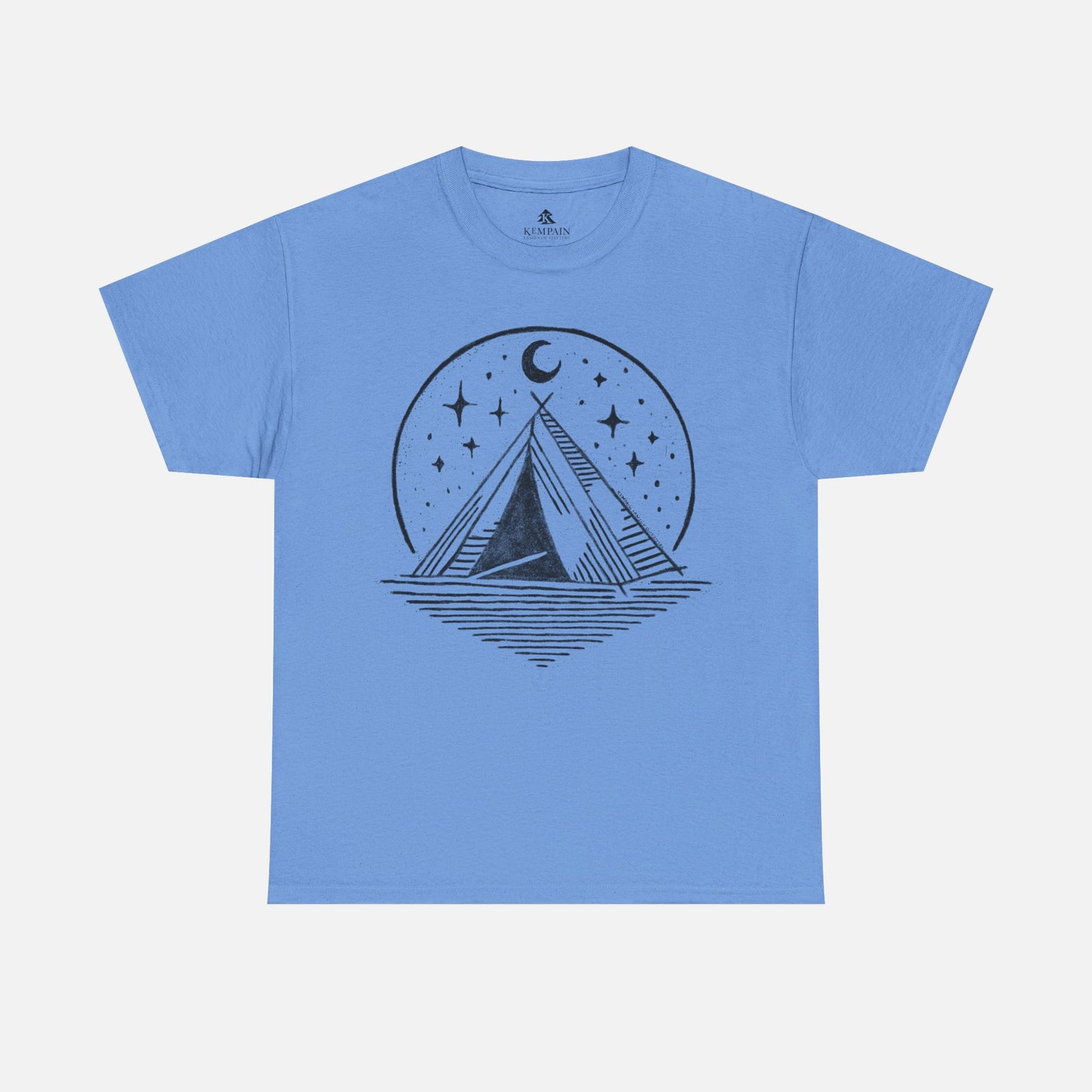 Starry Night Camping Tee in blue on a white background, showcasing a minimalist camping and night sky illustration for nature enthusiasts.