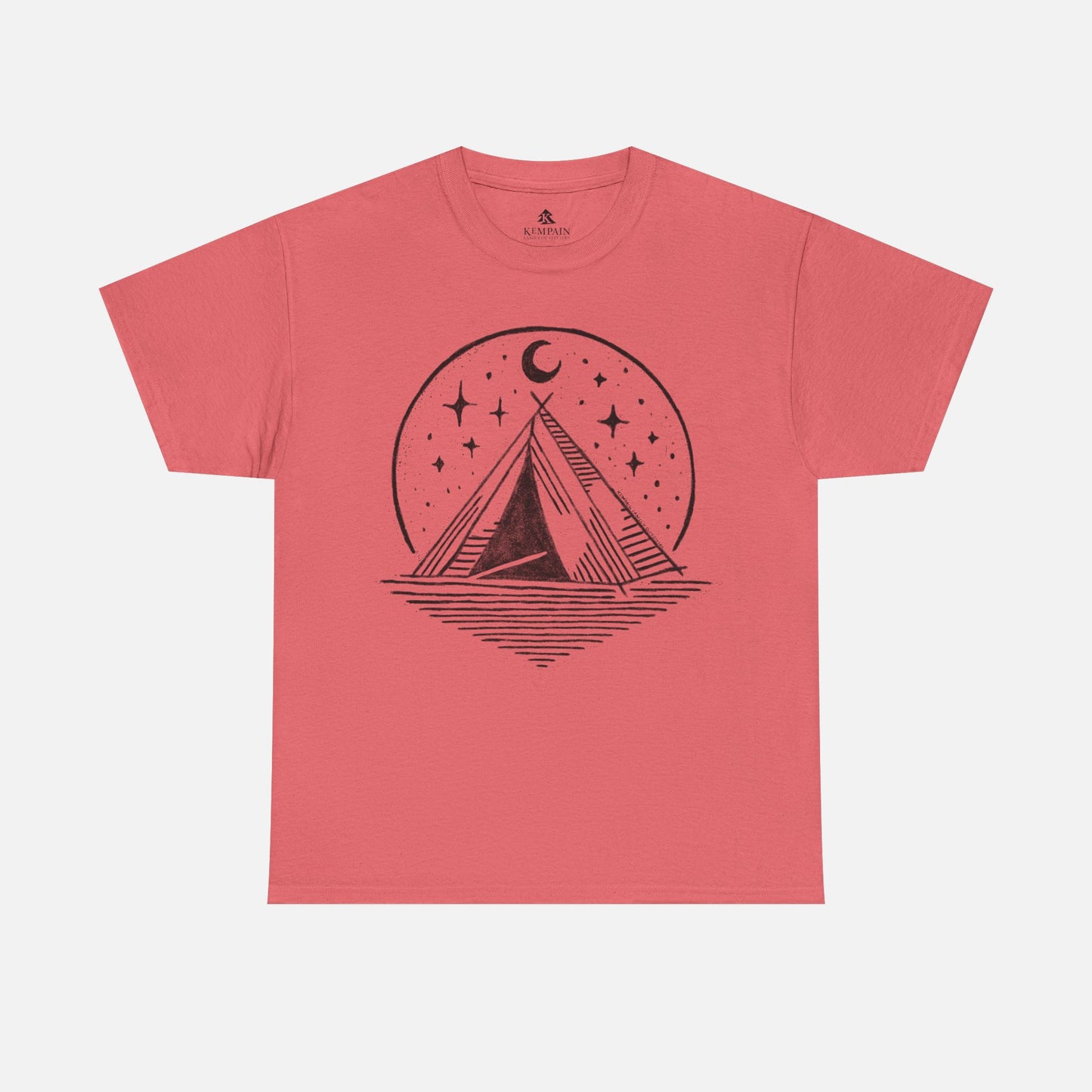 Starry Night Camping Tee in coral on a white background, showcasing a minimalist camping and night sky illustration for nature enthusiasts.