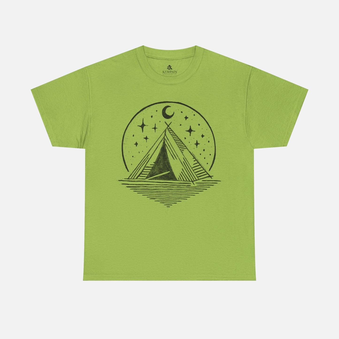 Starry Night Camping Tee in green on a white background, showcasing a minimalist camping and night sky illustration for nature enthusiasts.