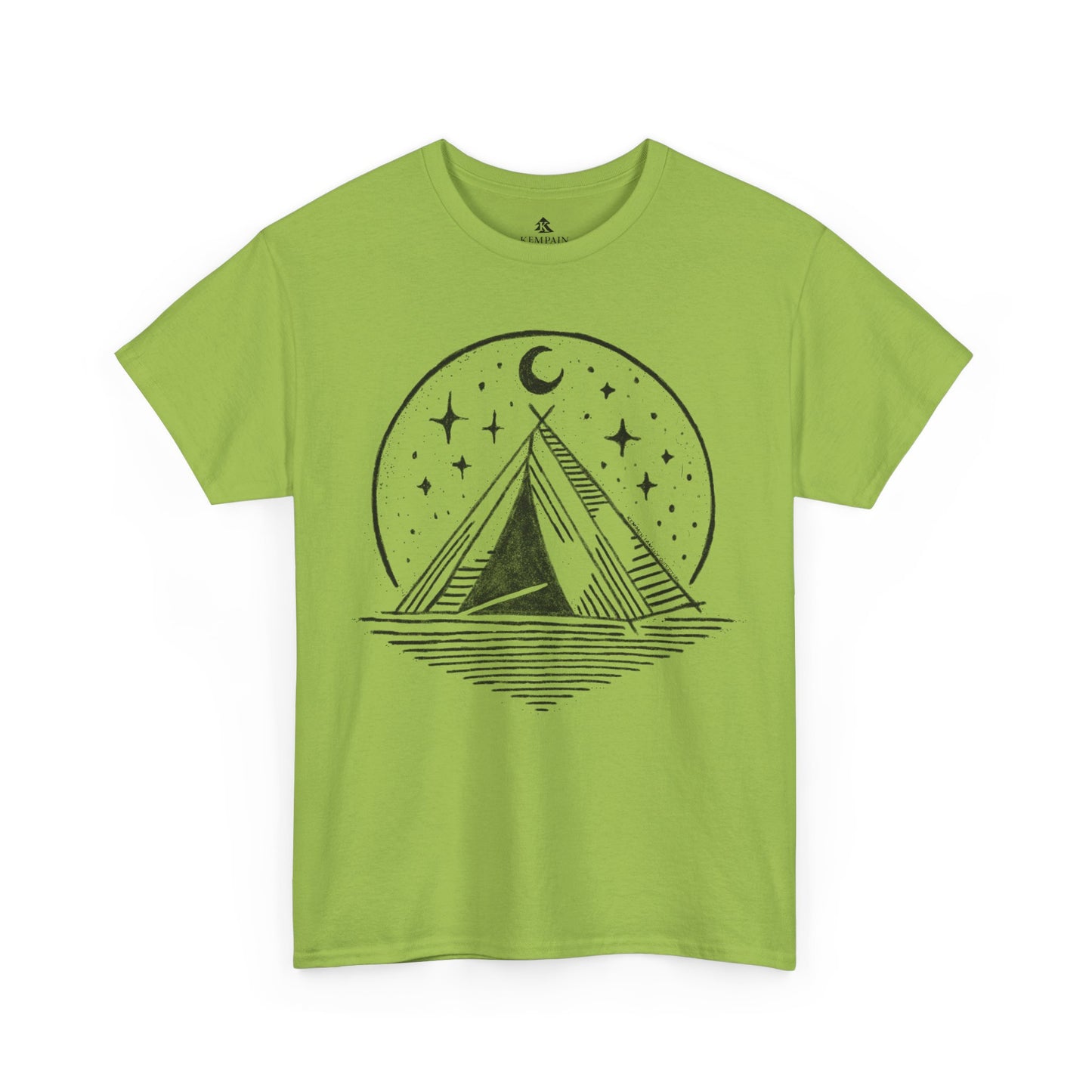 Starry Night Camping Tee in green on a white background, showcasing a minimalist camping and night sky illustration for nature enthusiasts.