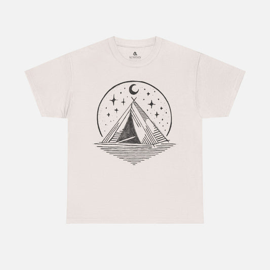 Starry Night Camping Tee in ice grey on a white background, showcasing a minimalist camping and night sky illustration for nature enthusiasts.