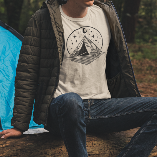 Model wearing Starry Night Camping Tee, featuring a geometric tent and starry sky design, perfect for campers, stargazers, and outdoor adventure lovers.