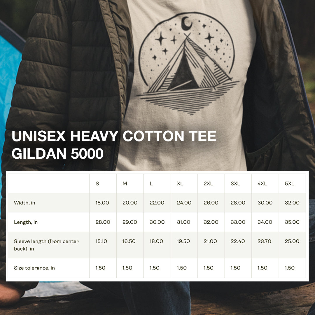 Size chart for Starry Night Camping Tee, providing detailed measurements for a comfortable and relaxed fit.
