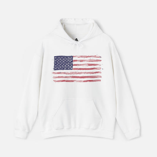 Stars & Stripes Hand-Drawn American Flag Adult Unisex Fit Hoodie displayed flat on a white background, highlighting the hand-drawn American flag design.