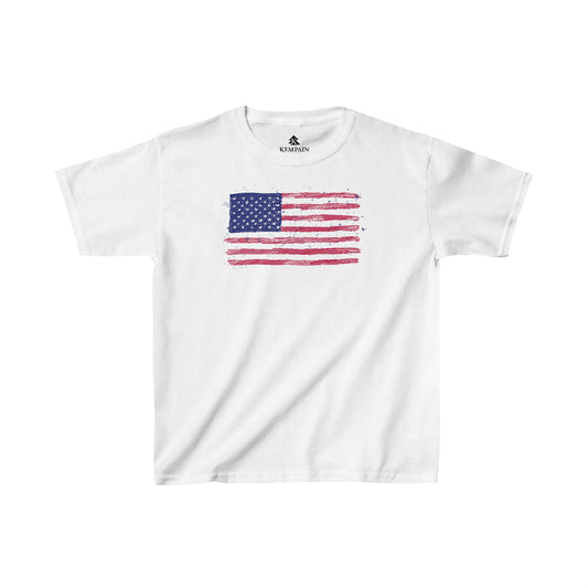 Stars & Stripes Hand-Drawn American Flag Kids' T-Shirt displayed flat on a white background, highlighting the hand-drawn American flag design.