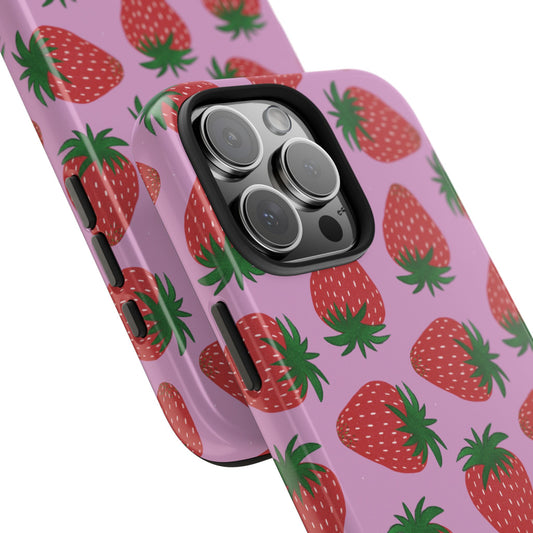 Close-up angled view of Strawberry Pattern Phone Case highlighting the glossy finish and vivid strawberry illustrations.