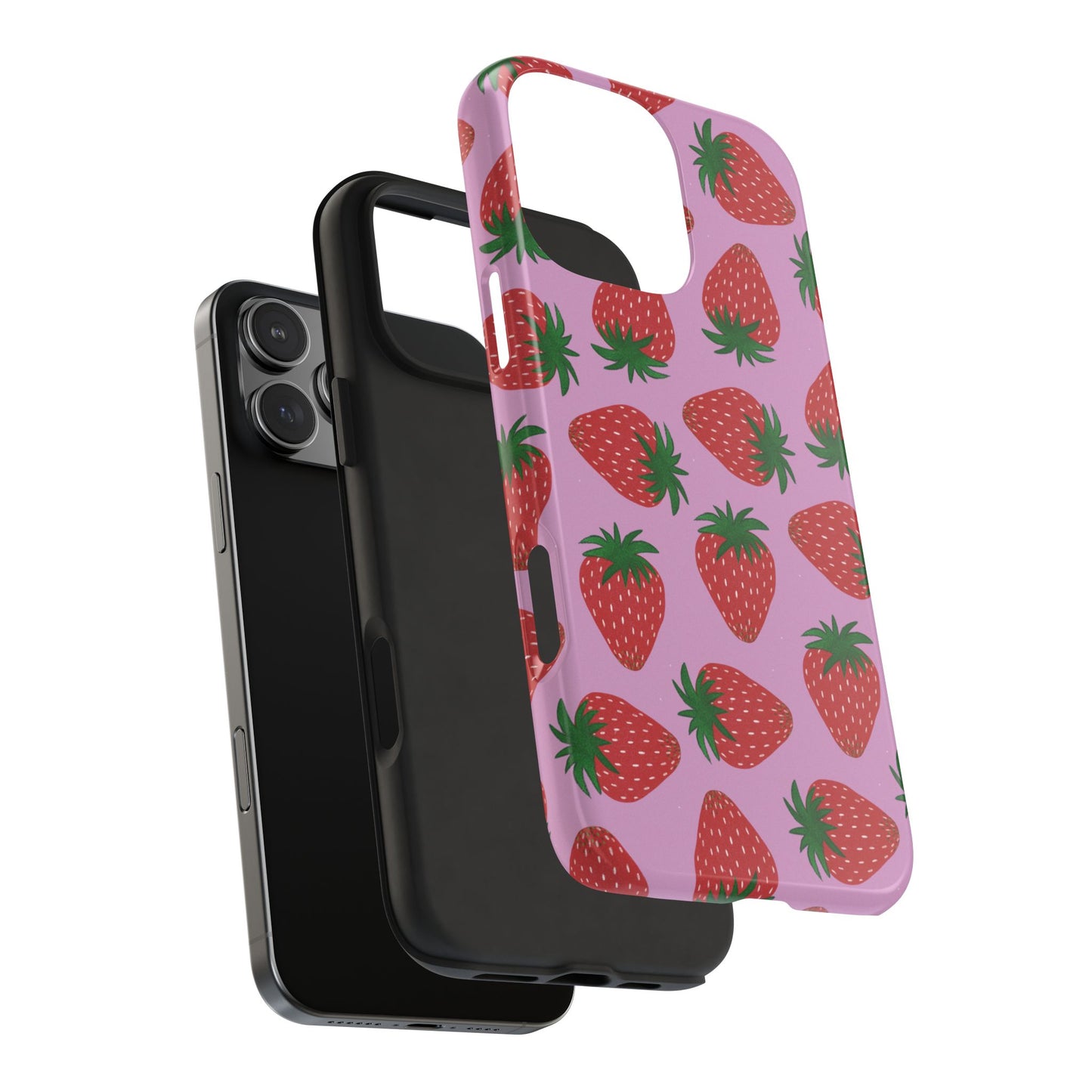 Exploded view of Strawberry Pattern Phone Case showing red outer shell and black shock-absorbing rubber liner.