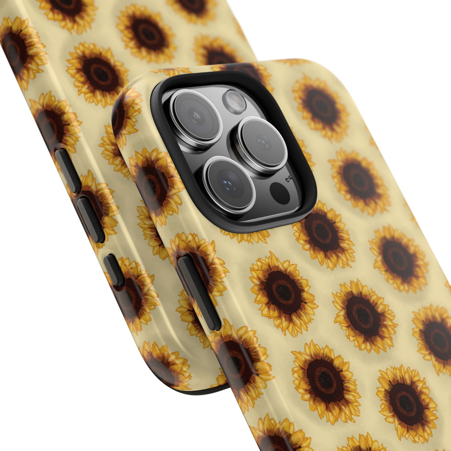 Angled close-up of Sunflower Pattern Phone Case highlighting bold sunflower artwork and the smooth, high-gloss coating.