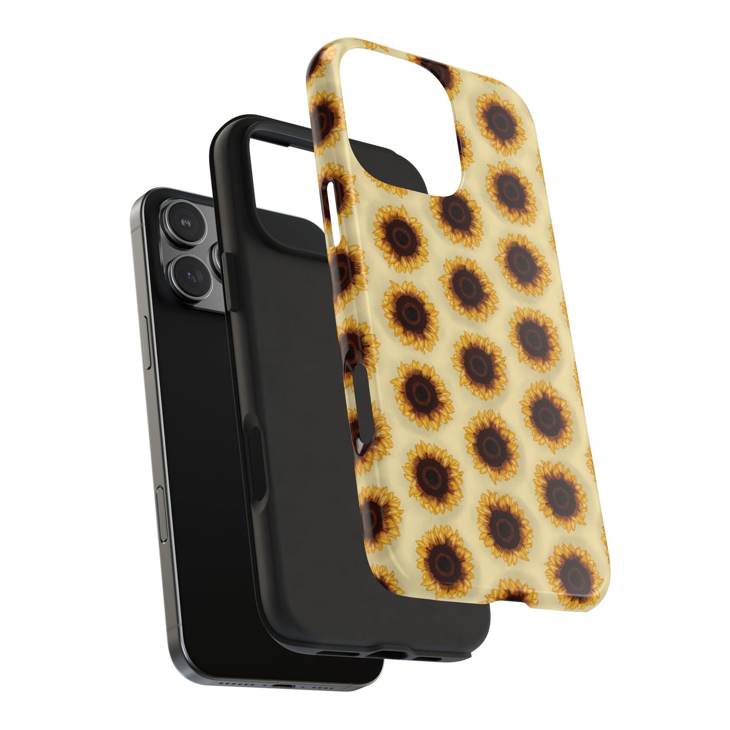 Exploded view of Sunflower Pattern Phone Case showing the durable outer shell and shock-absorbing rubber liner for protective performance.
