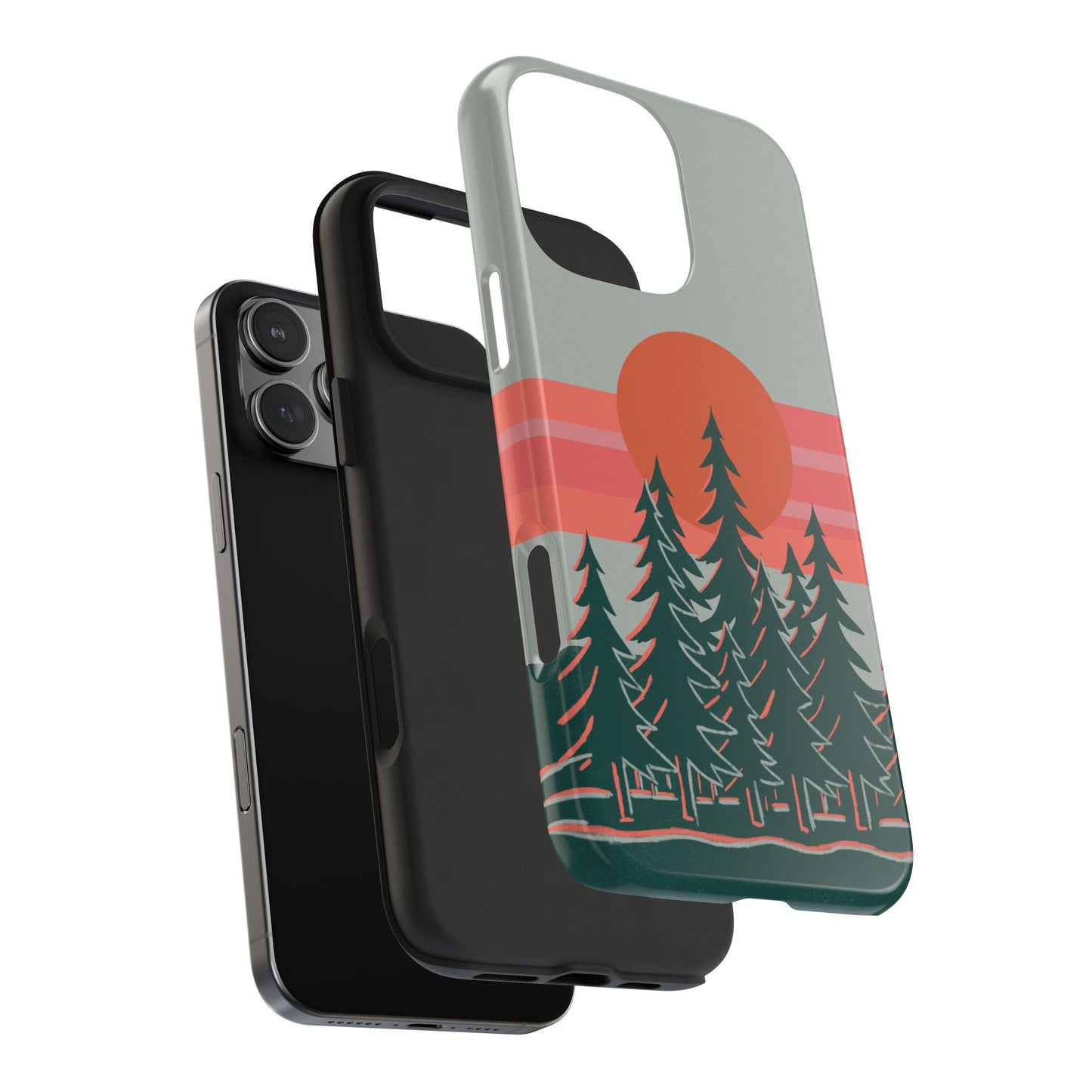 Exploded view of the Sunset Pines Phone Case showing the impact-resistant rubber liner and durable Lexan outer shell, featuring a sunset and pine tree design.