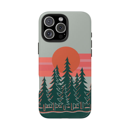 Flat lay front view of the Sunset Pines Phone Case on a white background, showcasing the nature-inspired sunset and pine trees artwork.