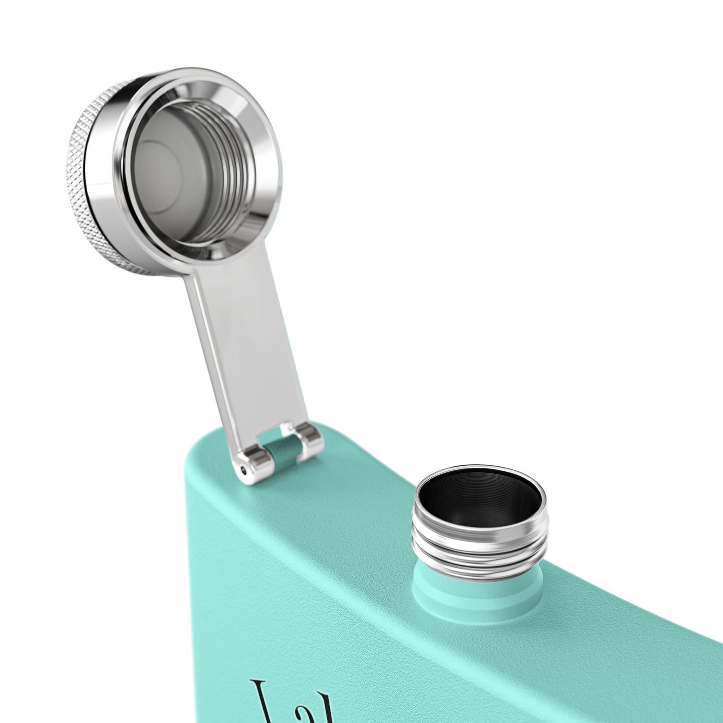 Close-up of stainless steel cap and top area of personalized fishing flask from Kempain Family Outfitters