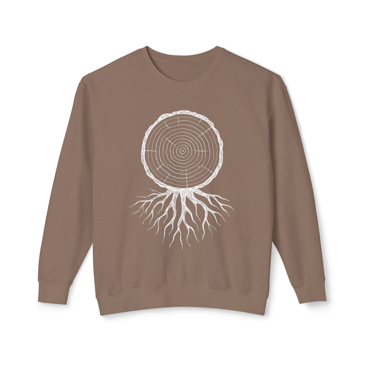 The Timber & Roots artist-led sweatshirt in a rugged brown "Espresso" tone, rendered with high-contrast tree ring and root art on a natural fiber field-blank.