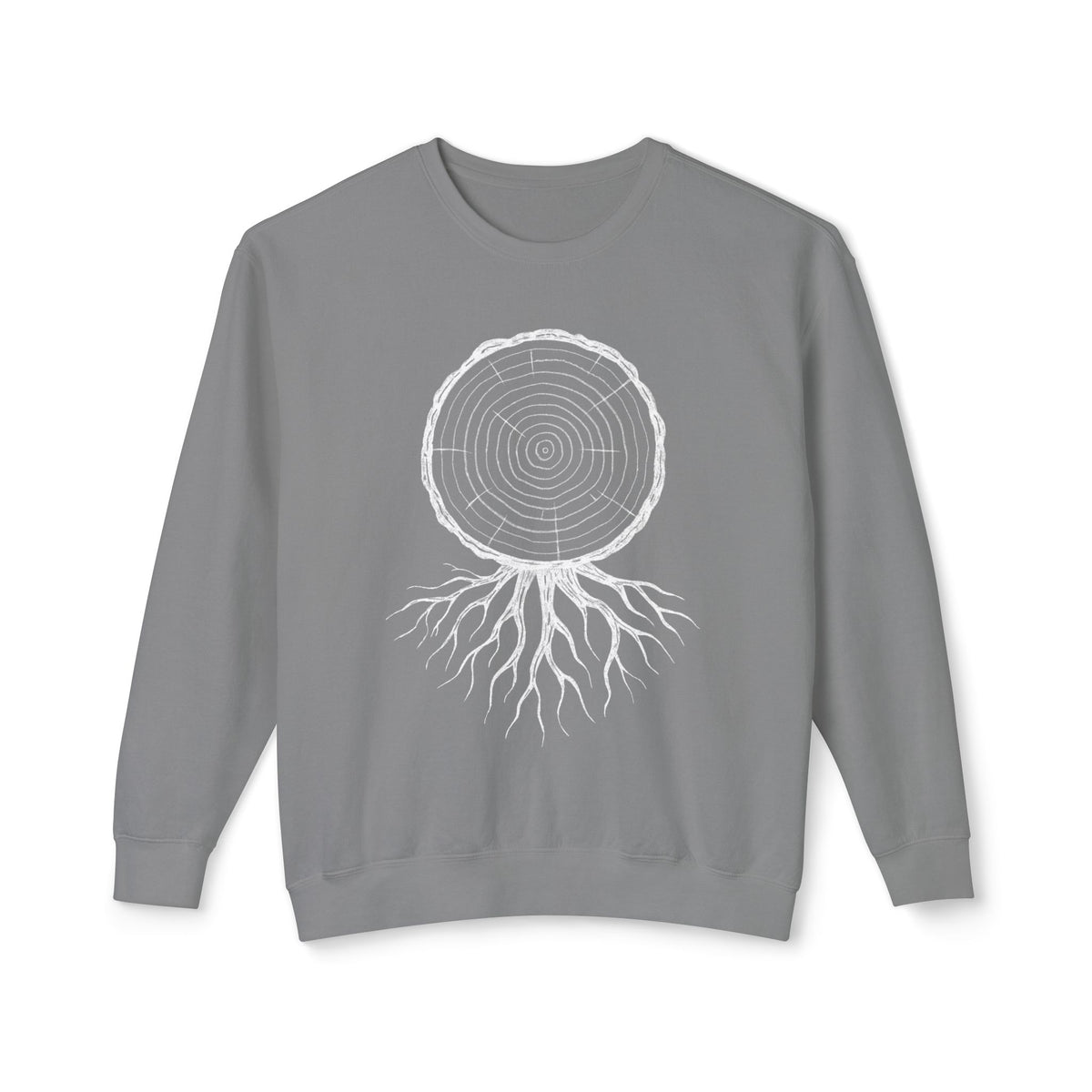 The Timber & Roots lightweight sweatshirt in Grey, showcasing the technical line-art study of forest resilience on garment-dyed cotton.