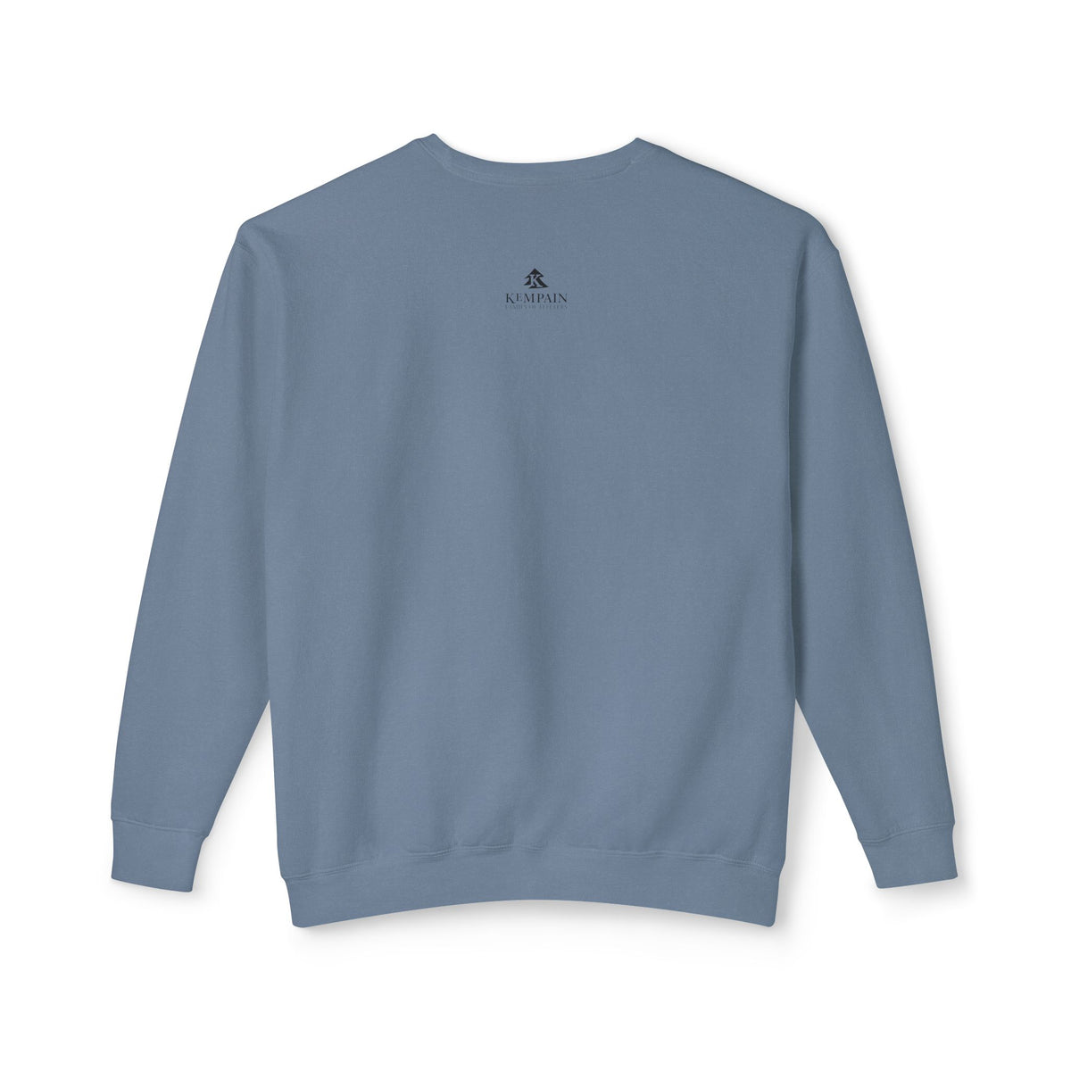 Back view of the Blue Jean Timber & Roots lightweight sweatshirt showing the subtle Kempain studio logo on the outer neck.
