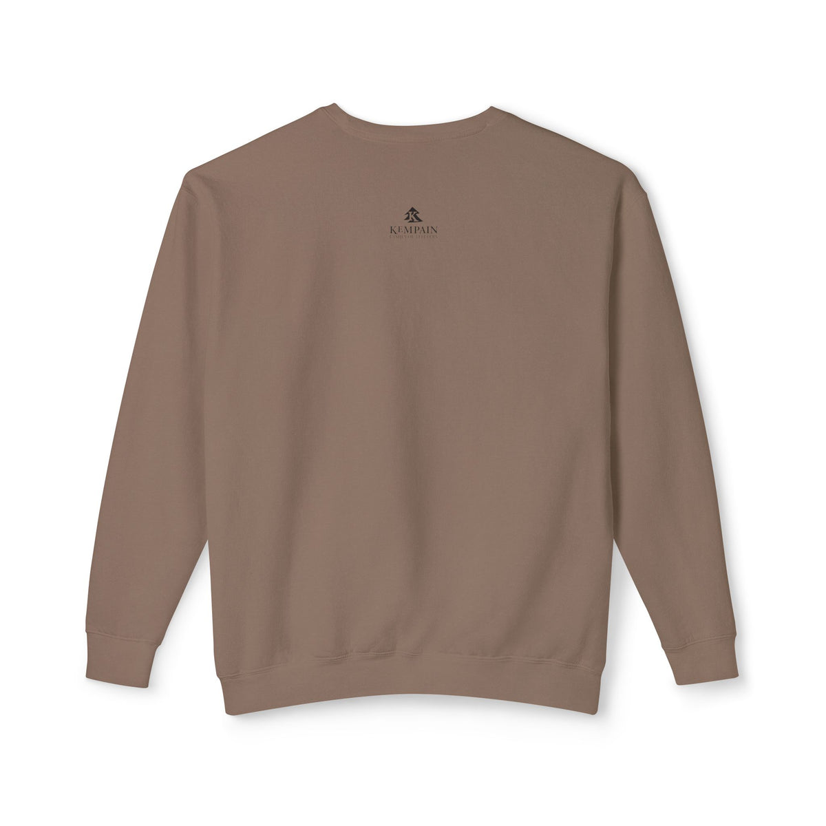Rear view of the brown "Espresso" tone lightweight sweatshirt showing the clean back neck studio branding and side-seam-free construction.