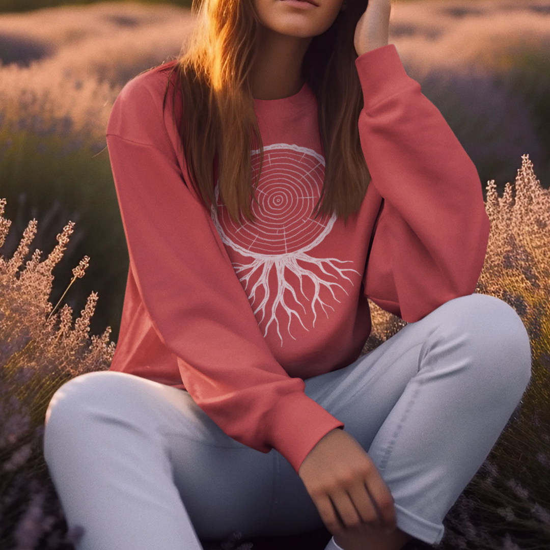Timber and Roots Sweatshirt featuring a hand-drawn tree round cut with roots, worn by a model for a cozy, nature-inspired look.
