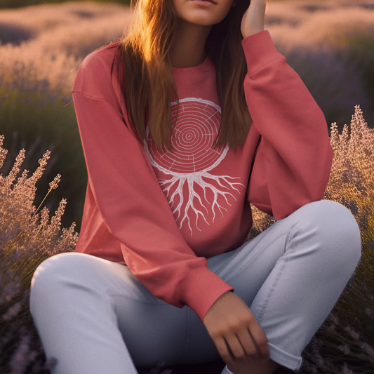 Timber and Roots Sweatshirt featuring a hand-drawn tree round cut with roots, worn by a model for a cozy, nature-inspired look.