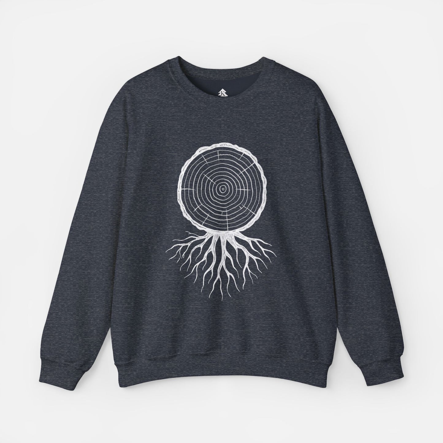 Timber and Roots Sweatshirt displayed on a white background in navy, showcasing the detailed tree ring and roots illustration.