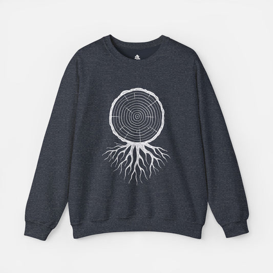 Timber and Roots Sweatshirt displayed on a white background in navy, showcasing the detailed tree ring and roots illustration.