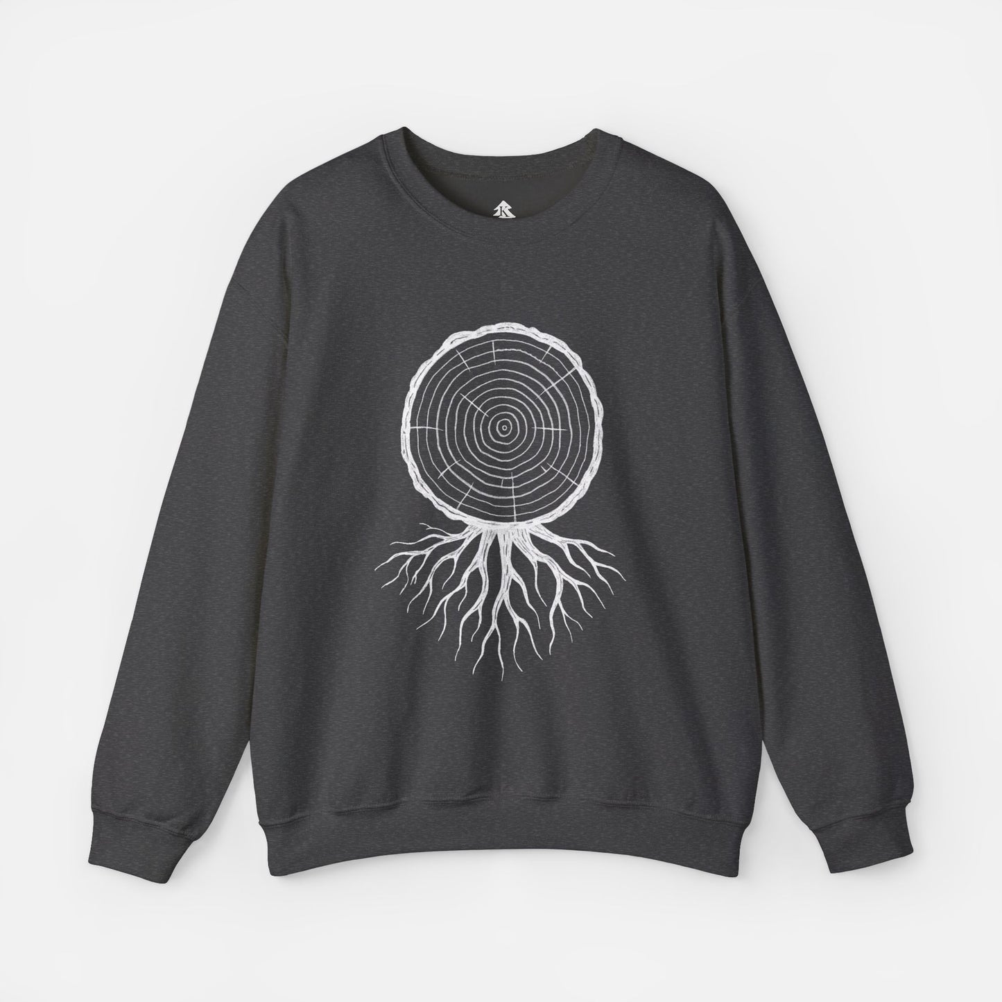 Timber and Roots Sweatshirt displayed on a white background, showcasing the detailed tree ring and roots illustration.