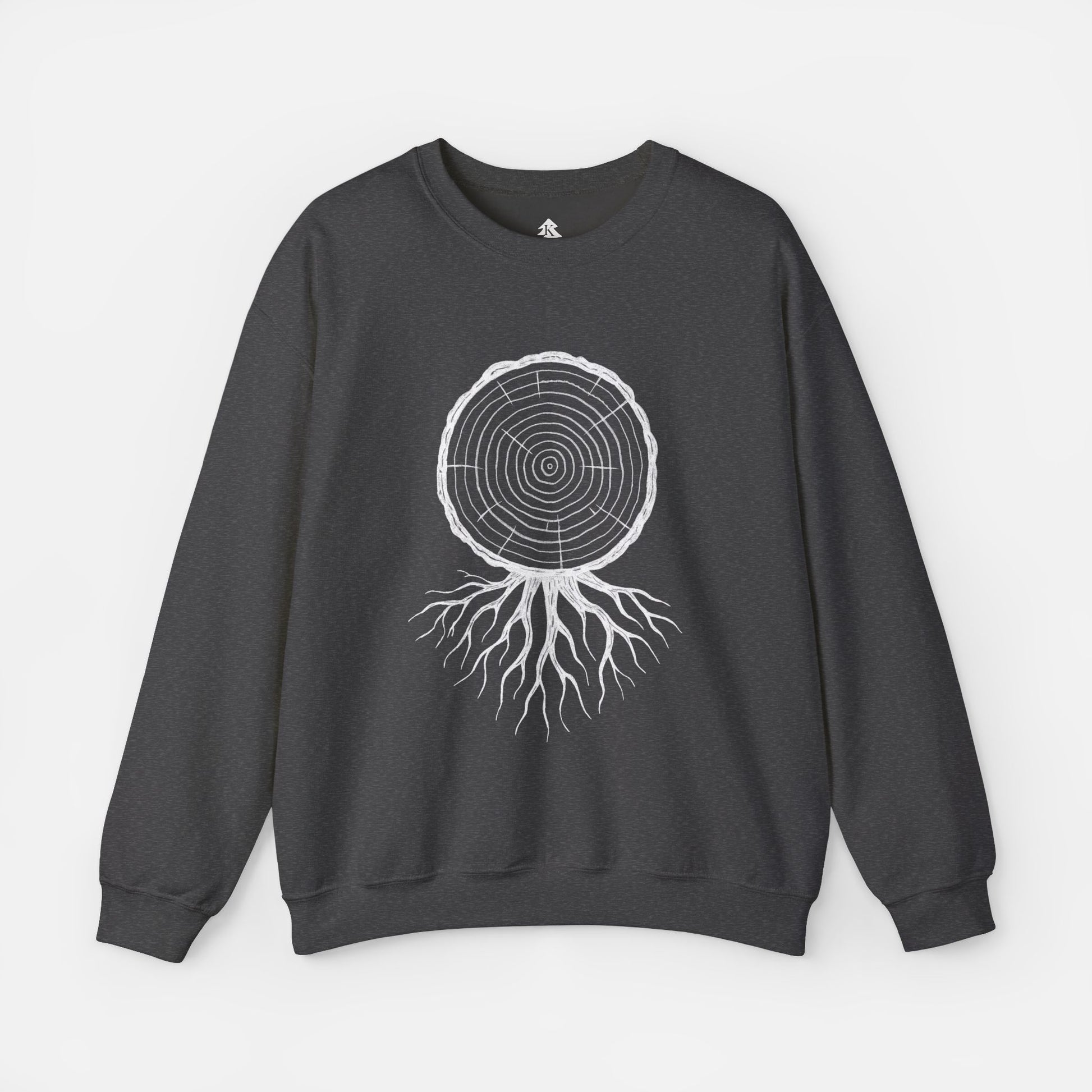 Timber and Roots Sweatshirt displayed on a white background, showcasing the detailed tree ring and roots illustration.