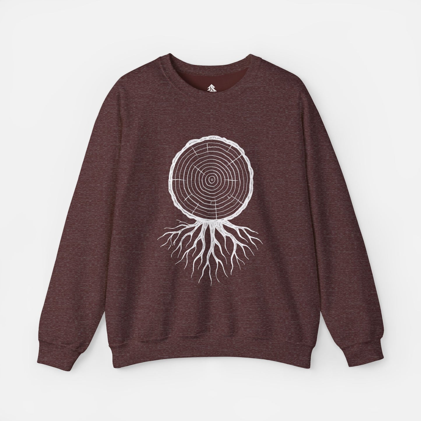 Timber and Roots Sweatshirt displayed on a white background in maroon color, showcasing the detailed tree ring and roots illustration.