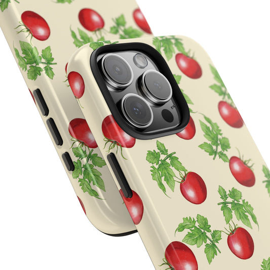 Angled close-up of Tomato Pattern Phone Case highlighting detailed tomato artwork, leafy vine accents, and high-gloss surface.