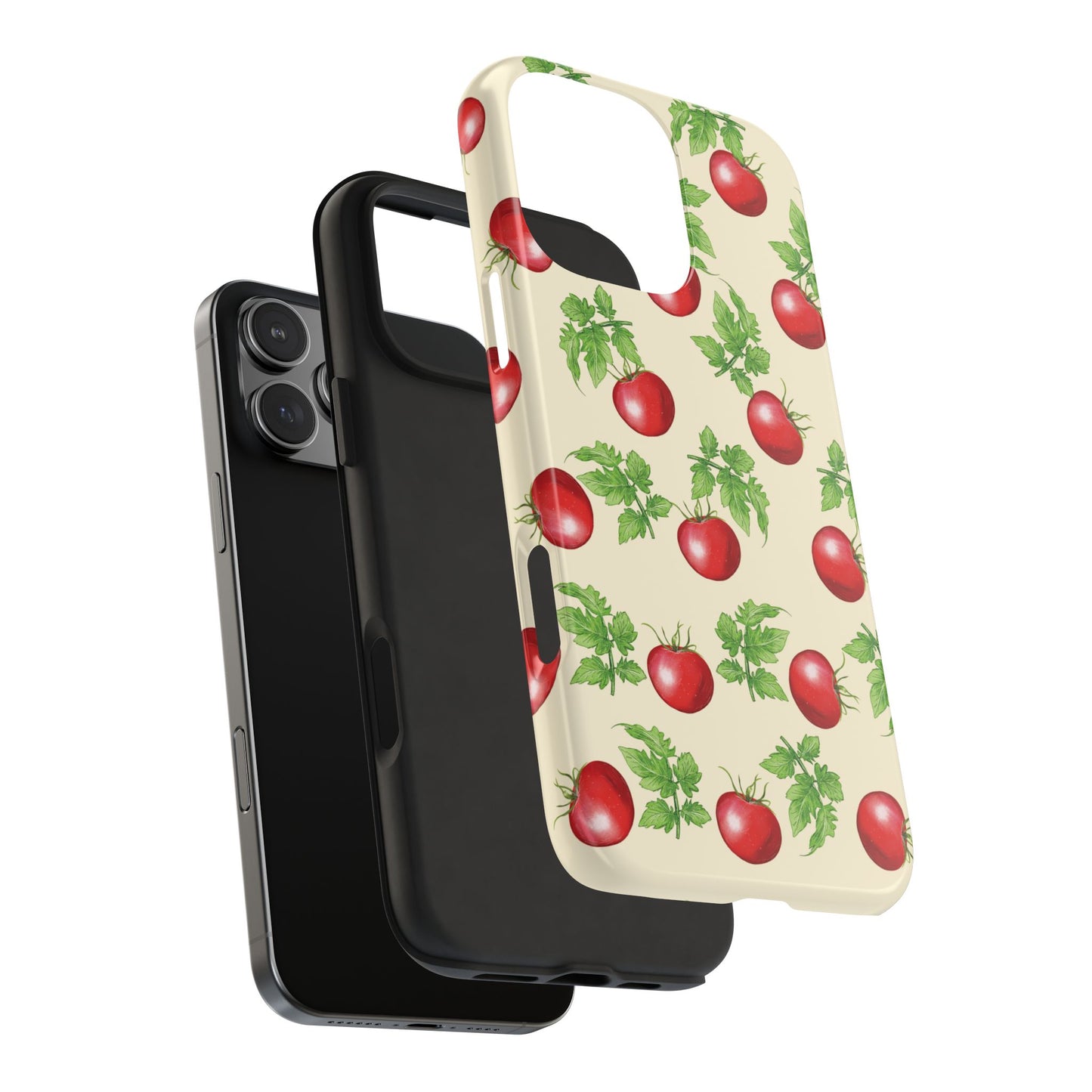 Exploded view of Tomato Pattern Phone Case showing the rugged outer Lexan shell and inner shock-absorbing rubber liner.