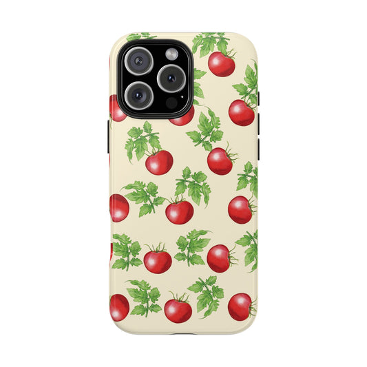 Front view of Tomato Pattern Phone Case on white background, featuring playful illustrated tomatoes and leafy vines on a glossy finish.