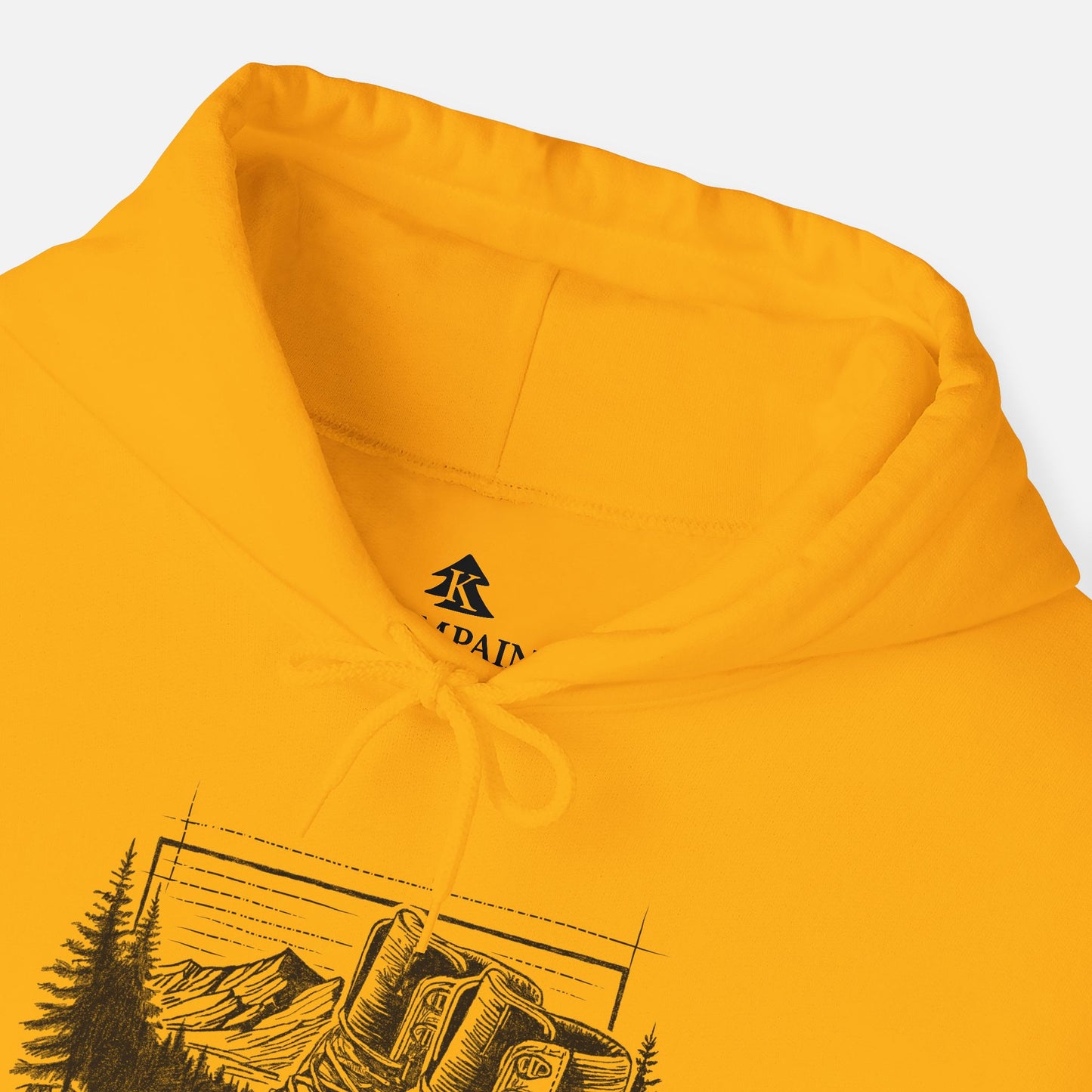 Close-up of Trek & Trail Hoodie collar in gold color displayed on a white background, showcasing the matching drawstring color, Kempain Family Outfitters logo on label, and trail illustration.