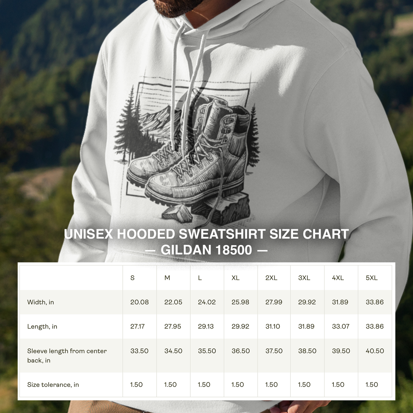 Size chart for the Trek & Trail Hoodie, providing accurate measurements for a comfortable fit.