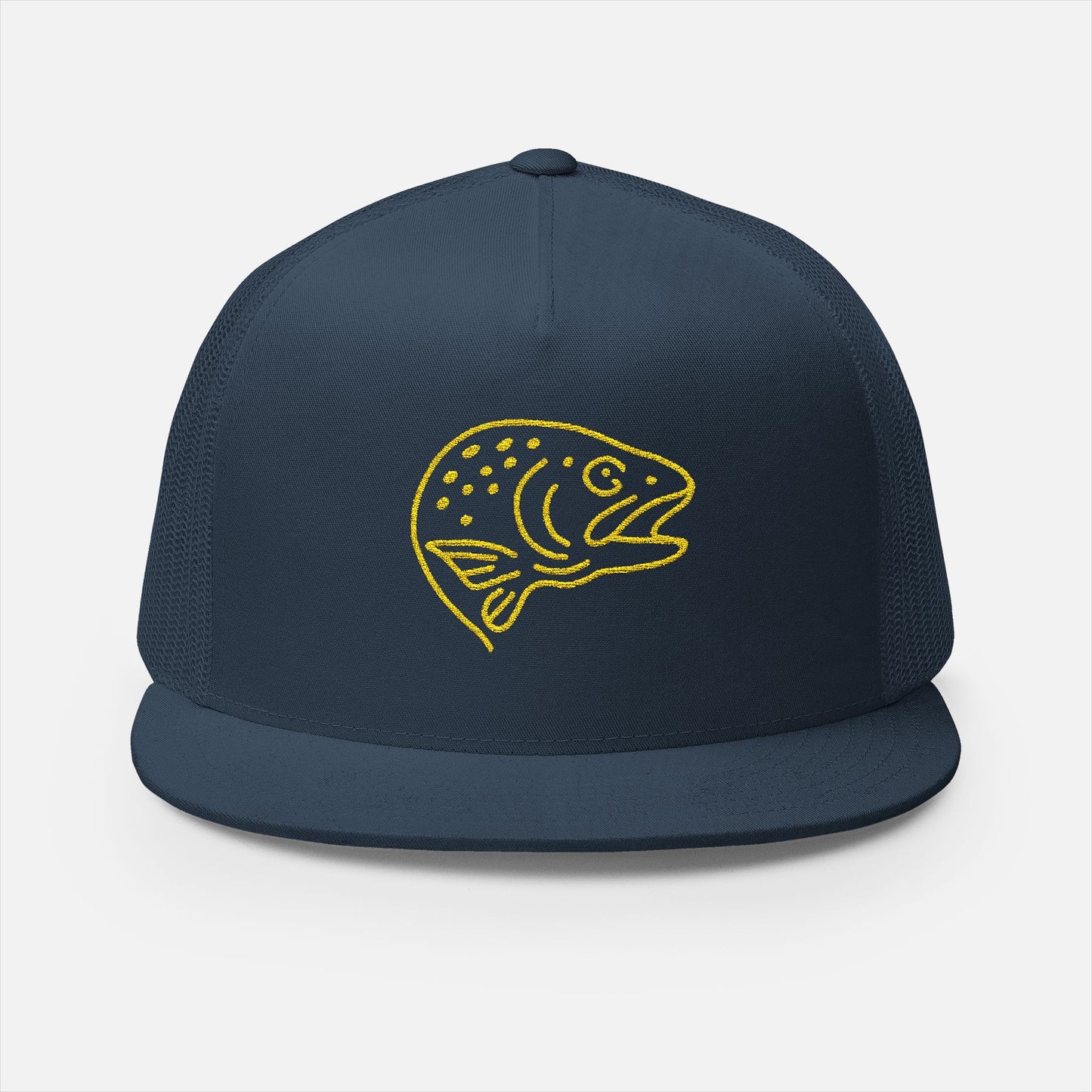Front view of Trout Head Trucker Cap on white background, featuring bold embroidered trout head silhouette on structured navy front panel with navy mesh sides and back.