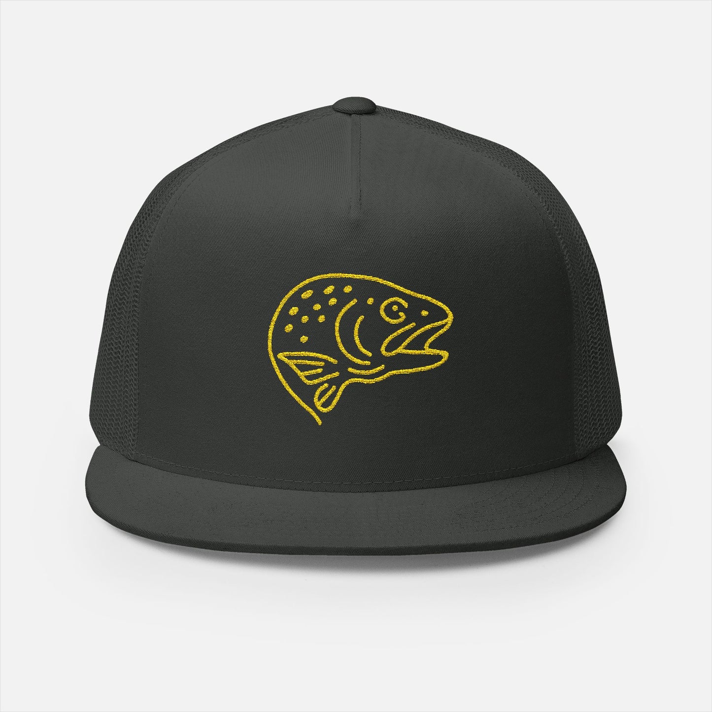 Front view of Trout Head Trucker Cap on white background, featuring bold embroidered trout head silhouette on structured charcoal front panel with matching mesh sides and back.