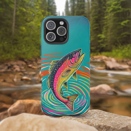 Trout Jumping Phone Case resting on a rock with river background, showcasing detailed hand-drawn illustration of a trout leaping—perfect for anglers and outdoor enthusiasts.